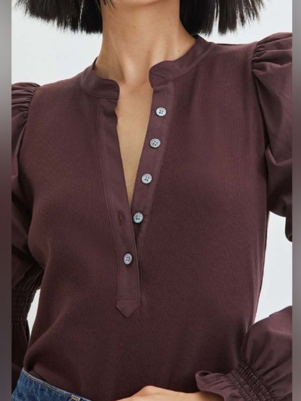 Veronica Beard Effy Top Size Small Oxblood Poet Sleeve Puff Sleeve Ribbed Henley - Picture 8 of 14